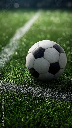Black and white soccer ball on green grass with white line image