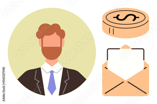 Brown-haired businessman in a suit, coin with dollar sign, open envelope. Ideal for finance, business, communication, marketing, correspondence employment strategy. Simple flat metaphor