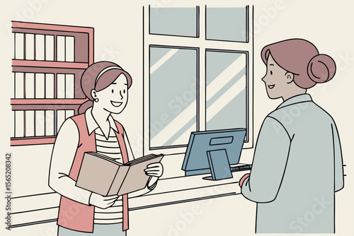 Bank teller assisting a smiling customer during transaction at the counter