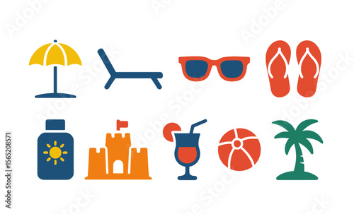 Vibrant beach icons: umbrella, sunglasses, flip-flops, and summer essentials