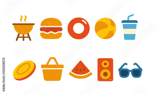 Colorful summer icons: bbq, burger, lifebuoy, beach ball, and refreshing drink vectors