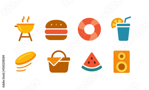 Summer picnic essentials: grill, burgers, beach ball, refreshments, and more icons