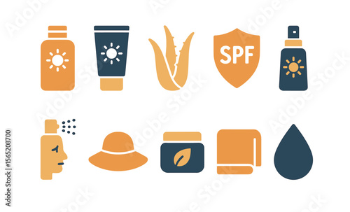 Essential sun protection icons: spf lotion, aloe vera, facial spray, and summer hat illustrations