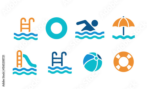 Vibrant summer pool icons featuring swim, slide, umbrella, beach ball, and flip-flops