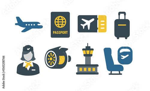 Aviation and travel icons: passport, airplane, boarding pass, and more