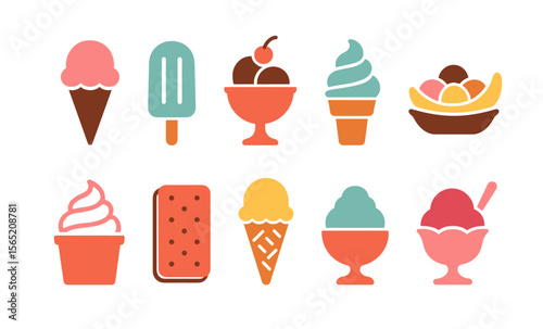 Colorful ice cream icons: cones, popsicles, sundaes, and more in vibrant retro style