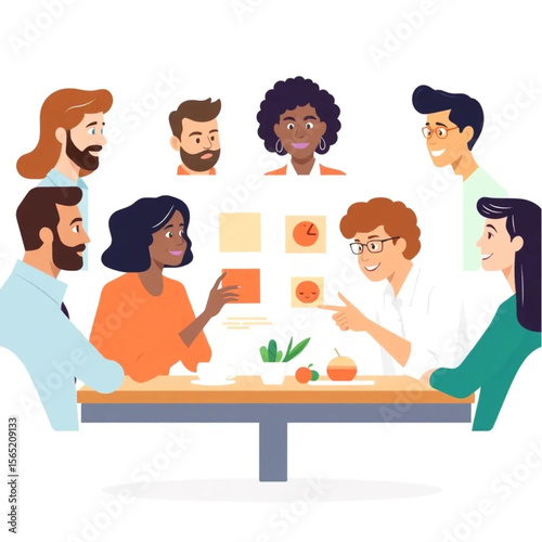 A diverse group of six coworkers are taking part in a virtual team lunch. Everyone is contributing ideas, and a few are pointing at the board or screen.