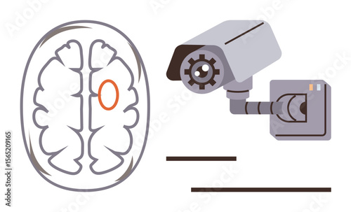 Brain diagram with marked section alongside surveillance camera symbolizes thought tracking, privacy issues, technology ethics. Ideal for neuroscience, AI, data security, privacy, ethics, psychology