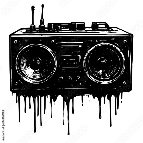 Grungy Black and White Boombox with Dripping Ink
