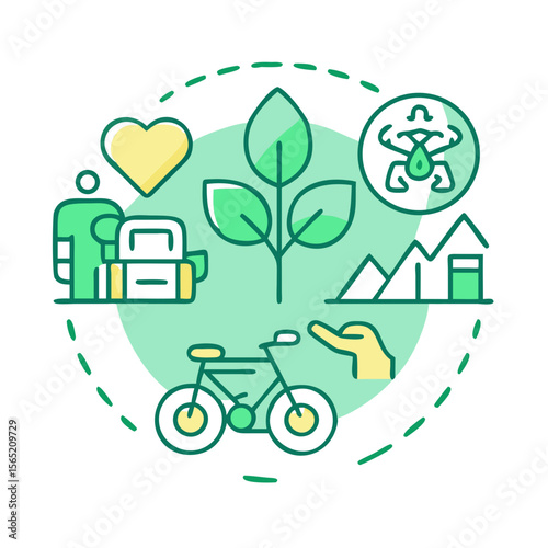 Illustration of eco-friendly activities with bicycle, leaf, and mountains in a circular design
