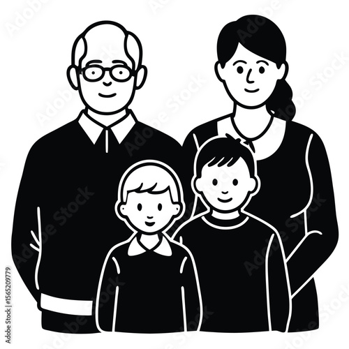 Stylized black and white illustration of a happy family with two children