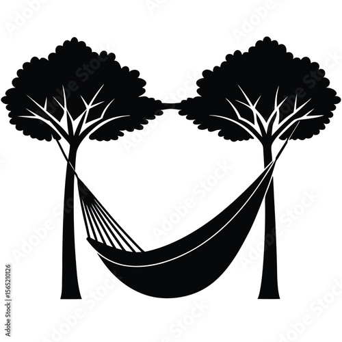 Black silhouette of a hammock strung between two trees on a white background