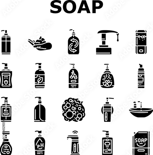 liquid soap cleanser hygiene icons set vector