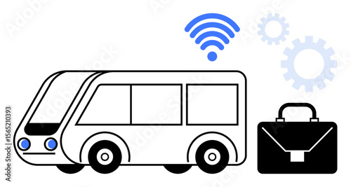 Bus with wireless connectivity icon, briefcase, and gear symbols denoting technology, automation, mobility, productivity, innovation, transportation and business. Ideal for travel smart cities