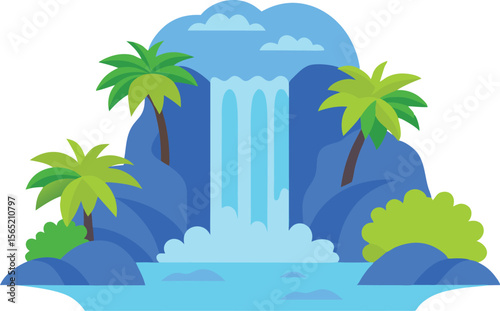 Serene Waterfall Scene Tropical Paradise Illustration
