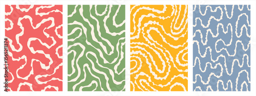 Twisted lines, curved wiggling stripes vector maze backgrounds set. Rough jagged uneven edge. Funky chaotic ornaments, groovy psychedelic patterns collection. Doodle hand drawn wavy winding lines