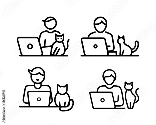 Work from Home with a Cat. Playful outline icons showing people working remotely on laptops accompanied by cats. Illustrates cozy, pet-friendly remote work life.