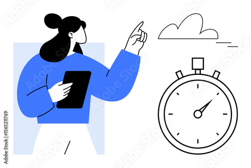 Woman holding tablet and gesturing towards a cloud with a stopwatch nearby, symbolizing timing, focus, and cloud-based tasks. Ideal for productivity, planning, efficiency, technology, workflow