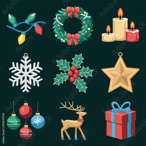 vector Happy New Year Celebrating 2025 in Latin letters , Christmas Decoration Items Santa Claus
