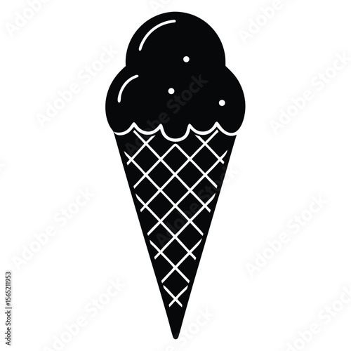 Simple black silhouette of a double scoop ice cream cone on a white background