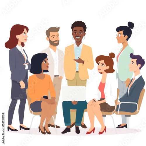 A group of nine coworkers are preparing for a client pitch. One person is standing while the rest are seated, listening attentively.