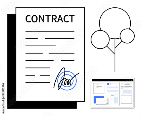 Contract with signature and connected shapes, plus digital interface representing collaboration. Ideal for business, legal, agreement, negotiation, teamwork, digital transformation trust. Simple