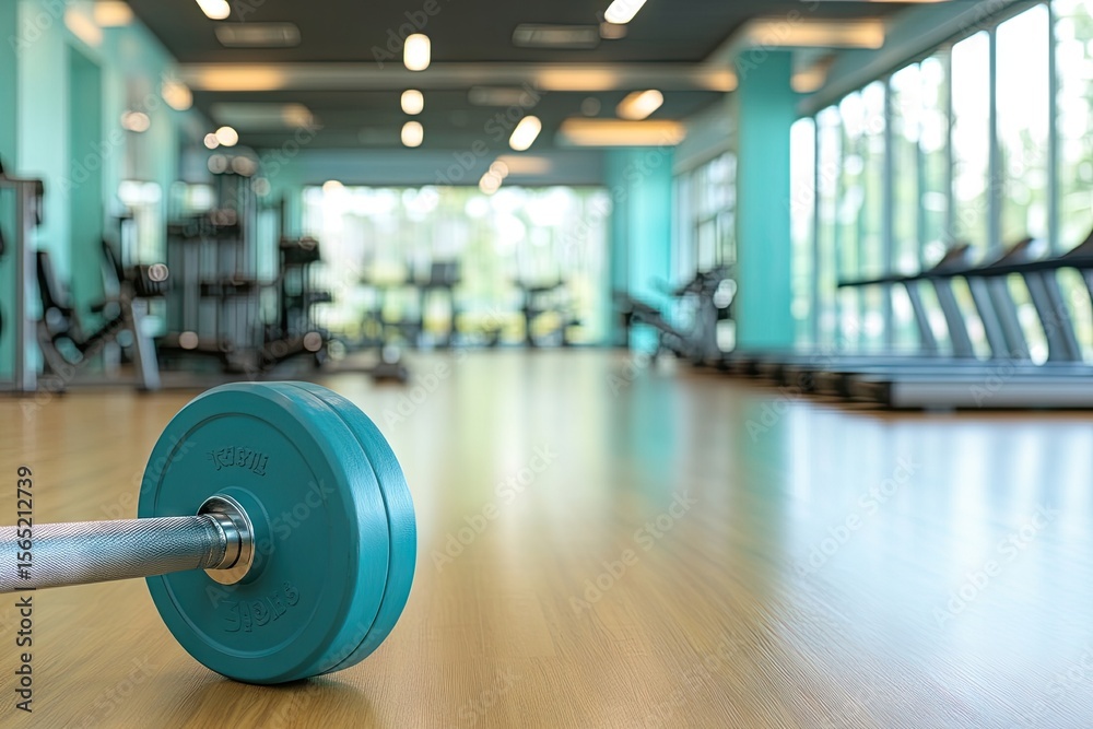 Fototapeta premium Teal dumbbell on gym floor, interior view