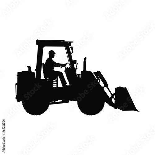 Silhouette of a construction worker driving a front loader isolated on white background