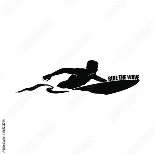 Silhouette of a surfer paddling on a surfboard with the words ride the wave isolated on white background