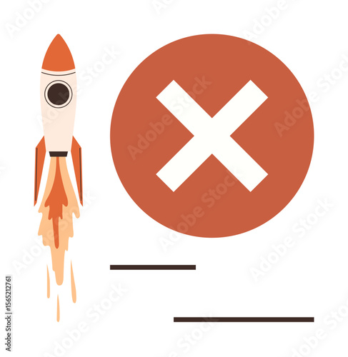 Rocket taking off next to a bold red X symbolizing project failure, launch mistake, or challenge in plans. Ideal for leadership, risk, failure, innovation, challenge mistake goals. Simple flat
