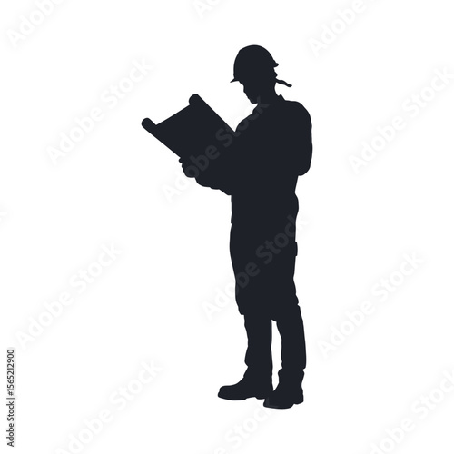 Construction worker silhouette reviewing blueprints isolated on white background