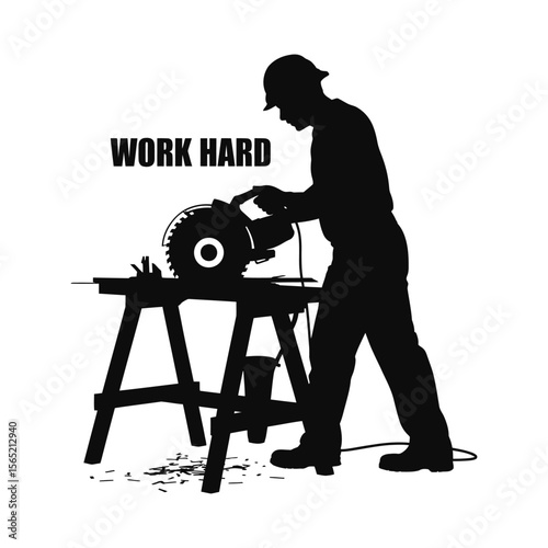 Construction worker silhouette using a circular saw on a table isolated on white background