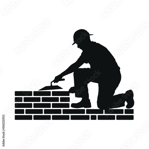 Bricklayer silhouette working on a brick wall isolated on white background