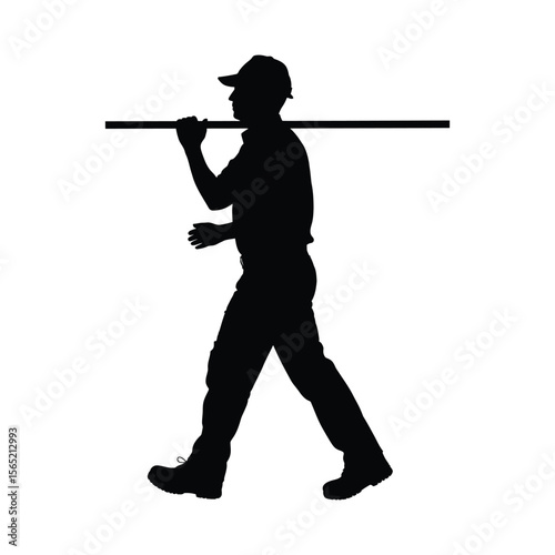 Man carrying a long pole on his shoulders silhouette isolated on white background
