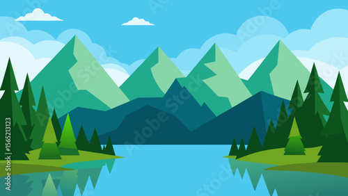 Mountain lake landscape with reflections of blue sky, green forest, and snow-capped peaks