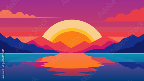 Golden sunset bathes mountain and sea landscapes, reflecting vibrant orange and light in the water as dusk settles over the horizon