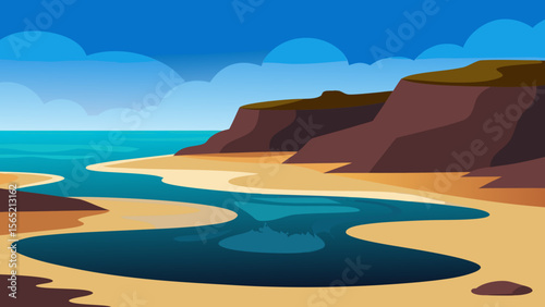 Serene morning beach with ocean waves reflecting the sky and distant mountains, a beautiful coastal landscape
