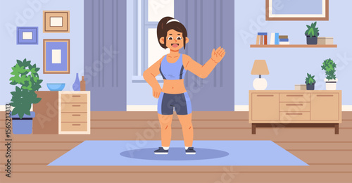 Young Asian sporty girl training at home. Sport female blogger flat vector illustration