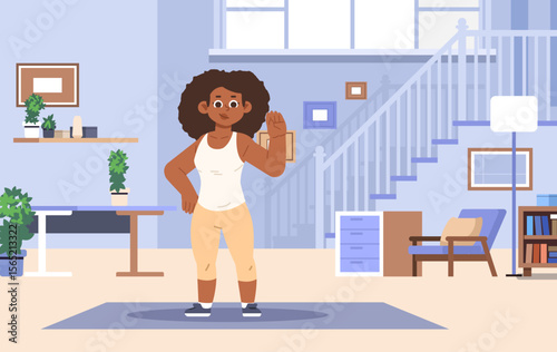 Young African American sport blogger girl getting ready for training in room. Sport at home vector illustration