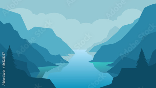 A breathtaking mountain landscape unfolds under a vast blue sky, featuring majestic peaks, serene valleys, and a touch of morning mist