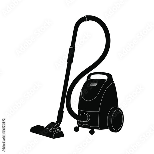 Black silhouette of a canister vacuum cleaner with hose and floor head isolated on white background silhouette