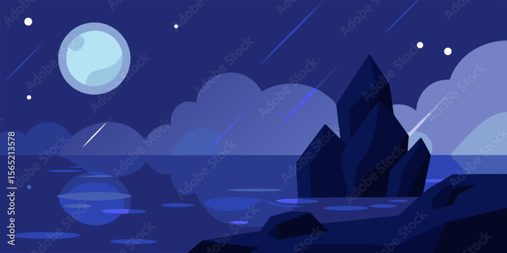 Naklejka premium A captivating night sky landscape with a prominent moon illuminates the dark city and nature below