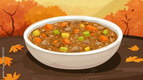Bowl of hearty stew with autumnal background.