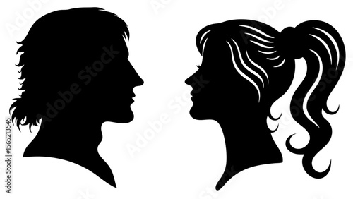 Vector set of male and female head silhouettes in profile. Clean black shapes of man and woman portraits, isolated on white background. Ideal for identity, avatar, and profile design use.