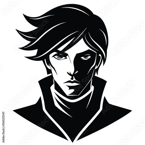 Striking black and white illustration of a young man with dramatic lighting
