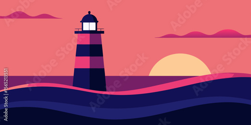 A towering white lighthouse illuminates the dark sea, a beacon of safety guiding ships along the rocky coast