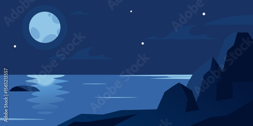 Moonlit night landscape over the sea with stars and waves