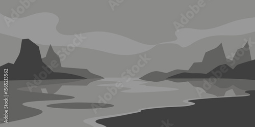 An expansive blue seascape unfolds with an island cradled by towering mountains under a serene sky, capturing the essence of a breathtaking natural landscape at dawn