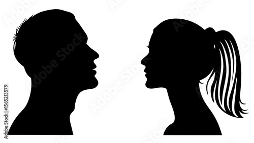 Vector set of male and female head silhouettes in profile. Clean black shapes of man and woman portraits, isolated on white background. Ideal for identity, avatar, and profile design use.