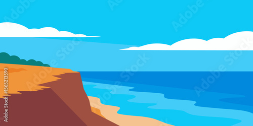 An abstract view of a summer seascape features the deep blue water, a clear sky, and a distant sandy beach